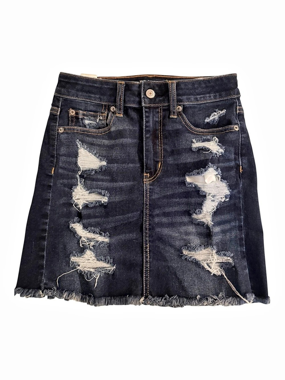 American Eagle Distressed Dark Wash Stretch Denim Mini Skirt Size 2
